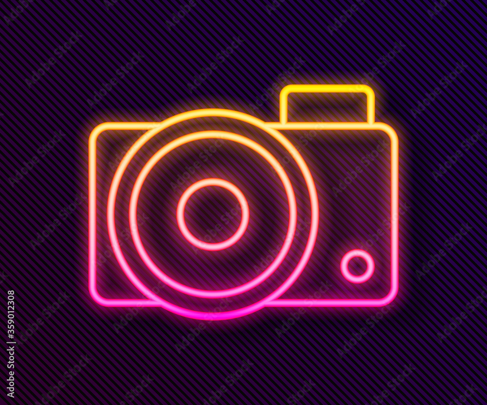 Glowing neon line Photo camera icon isolated on black background. Foto camera icon. Vector Illustration.