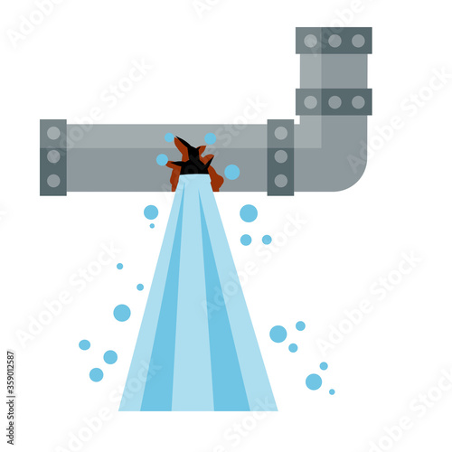 Steel pipe for water. Sewerage and water supply. Mechanical part. Kitchen tube. Home communication system. Cartoon flat illustration. Water leak, spill and blue drops. Broken part.