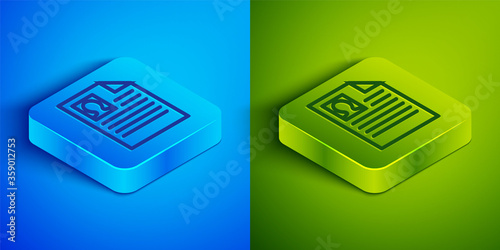 Isometric line Resume icon isolated on blue and green background. CV application. Searching professional staff. Analyzing personnel resume. Square button. Vector Illustration.