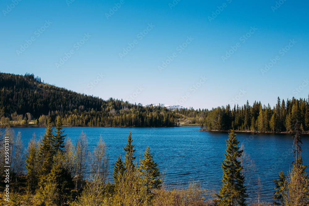 beautiful blue lake in swedish landscape