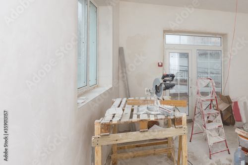 Remodeling attic bathroom with drywall repair, plastering painting, stucco. Bathroom repair and renovation with gypsum plaster boards