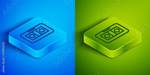 Isometric line VHS video cassette tape icon isolated on blue and green background. Square button. Vector Illustration.