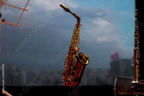 Saxophone on a stage. Brass instrument. Jazz concert. Saxophone.