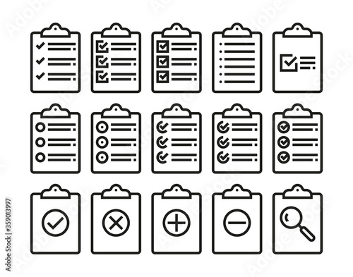 Set of clipboards with check boxes and check marks. Vector outline icons with editable stroke