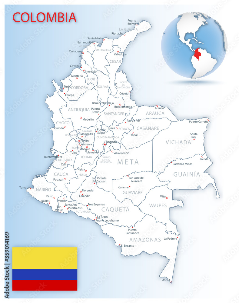 Detailed map of Colombia administrative divisions with country flag and location on the globe.