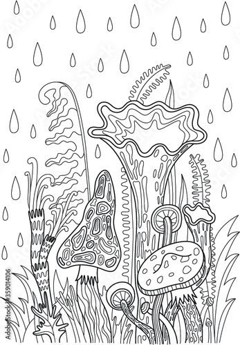 Forest mushrooms under rain coloring page. Outline illustration for coloring. Vector illustration for coloring