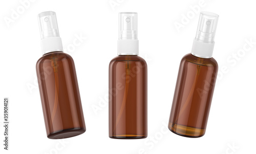 Realistic cosmetic brown bottle spray isolated on white background, 3d rendering
