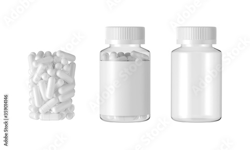White transparent plastic medicine bottle mockup isolated on white background, 3d rendering