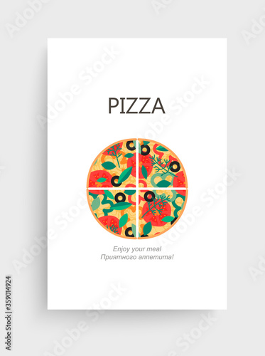 Poster template for pizza cut in slices on white background. Bon appetit