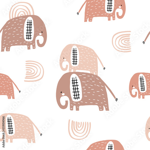 Seamless pattern with cute mom and baby elephant, rainbows. Creative childish texture. Great for fabric, textile Vector Illustration