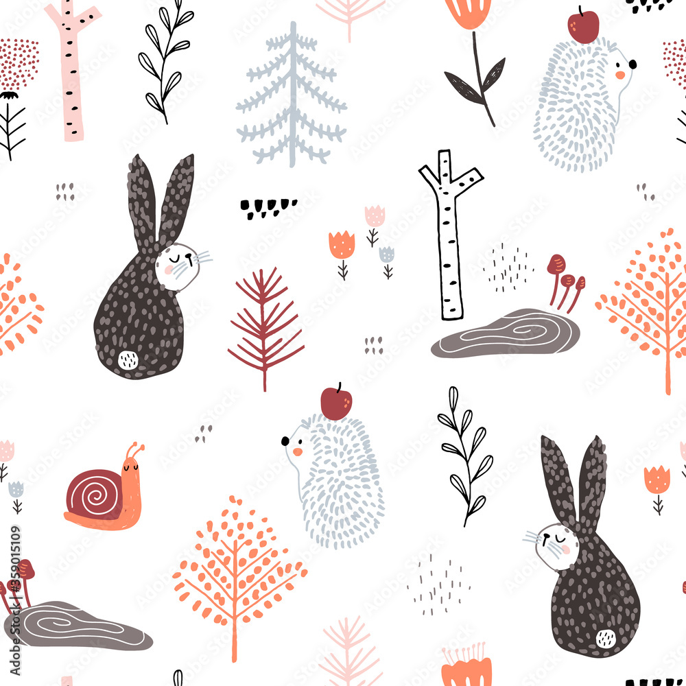 Seamless childish pattern with cute rabbits,hedgehog, snail in the wood ...
