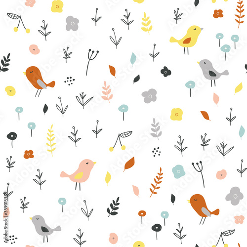 Seamless childish pattern with tiny birds and floral elements. Creative scandinavian style kids texture for fabric, wrapping, textile, wallpaper, apparel. Vector illustration