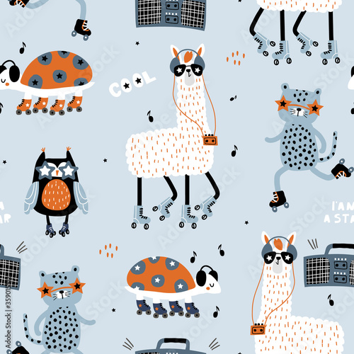 Seamless childish pattern with funny llamas, leopards,owl, turtle on roller skates . Creative scandinavian kids texture for fabric, wrapping, textile, wallpaper, apparel. Vector illustration