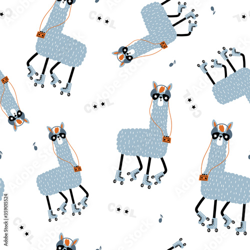 Seamless childish pattern with funny llamas on roller skates . Creative scandinavian kids texture for fabric, wrapping, textile, wallpaper, apparel. Vector illustration