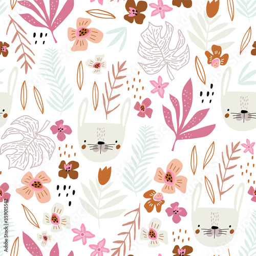 Seamless pattern with bunny faces and floral elements. Creative childish texture. Great for fabric, textile Vector Illustration photo