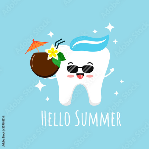 Cute tooth emoji with sunglasses and hawaii coconut cocktail wit umbrella and sparkles. Hello summer concept. Flat design cartoon style holiday smiling tooth character vector illustration.