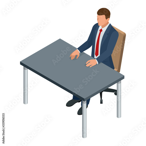Isometric businessman isolated on write. Creating an office worker character, cartoon people. Business people. Businessman sitting at the table