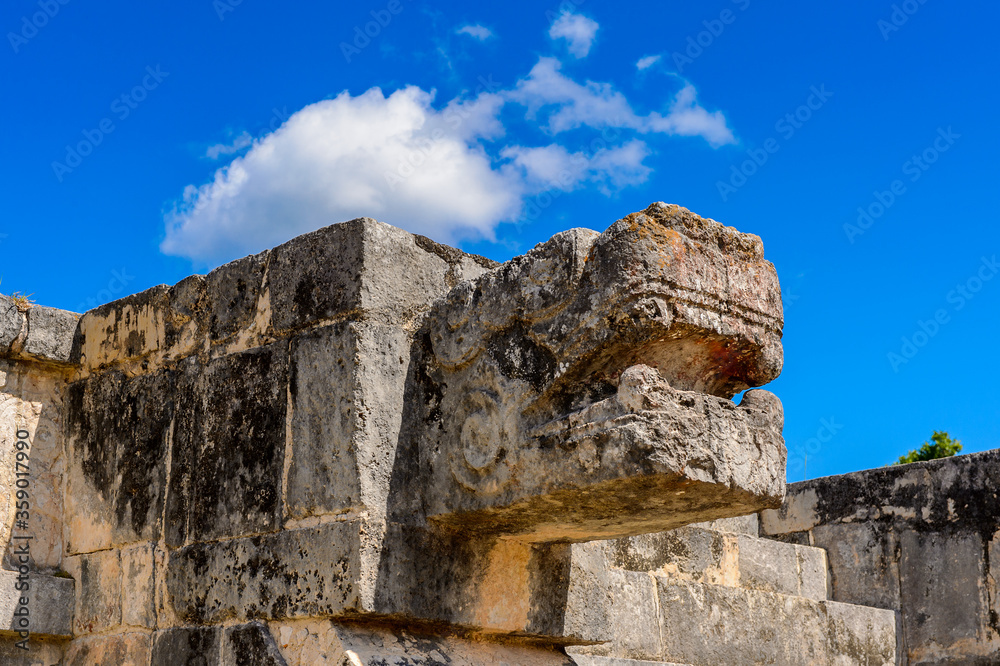 Plumed Serpent, Venus Platform, Chichen Itza, Tinum Municipality, Yucatan State. It was a large pre-Columbian city built by the Maya people of the Terminal Classic period. UNESCO World Heritage