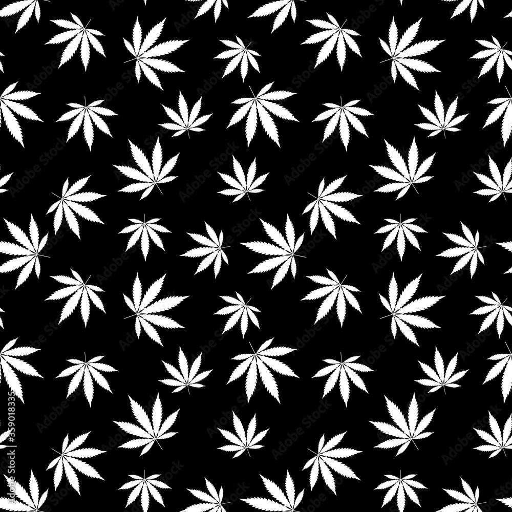 Cannabis seamless pattern. Marijuana leaf, white weed plant. Hashish texture, isolated black background. Hemp psychedelic grass. Fabric print for medical wallpaper. Simple design Vector illustration Cannabis seamless pattern. Marijuana leaf, white weed plant. Hashish texture, isolated black background. Hemp psychedelic grass. Fabric print for medical wallpaper. Simple design Vector illustration