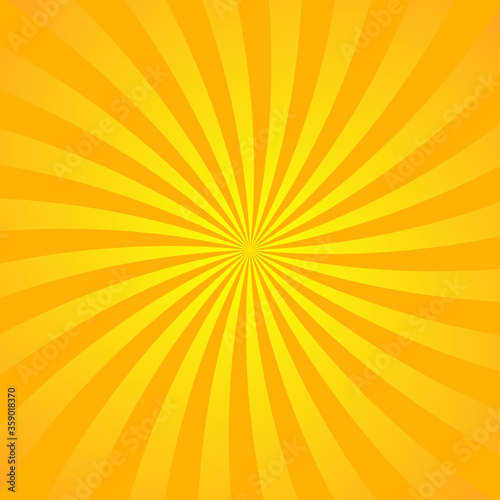 Orange yellow ray background. Vintage abstract texture. Retro starburst, sun beam. Halftone color. Light burst. Bright shine sunburst. Empty scrapbook surface. Clean nature energy. Vector illustration