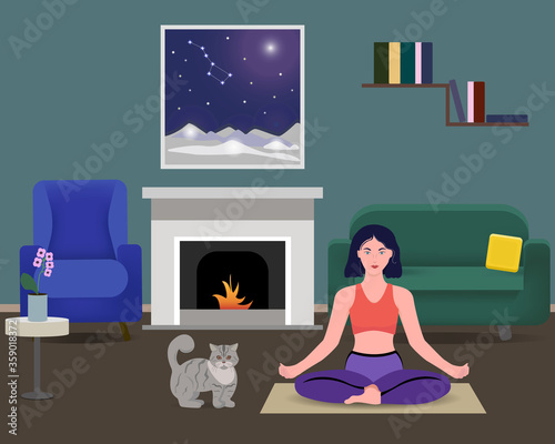 Woman doing yoga at home. The girl is meditating and sitting in a lotus position. Rest at home. Yoga with pets