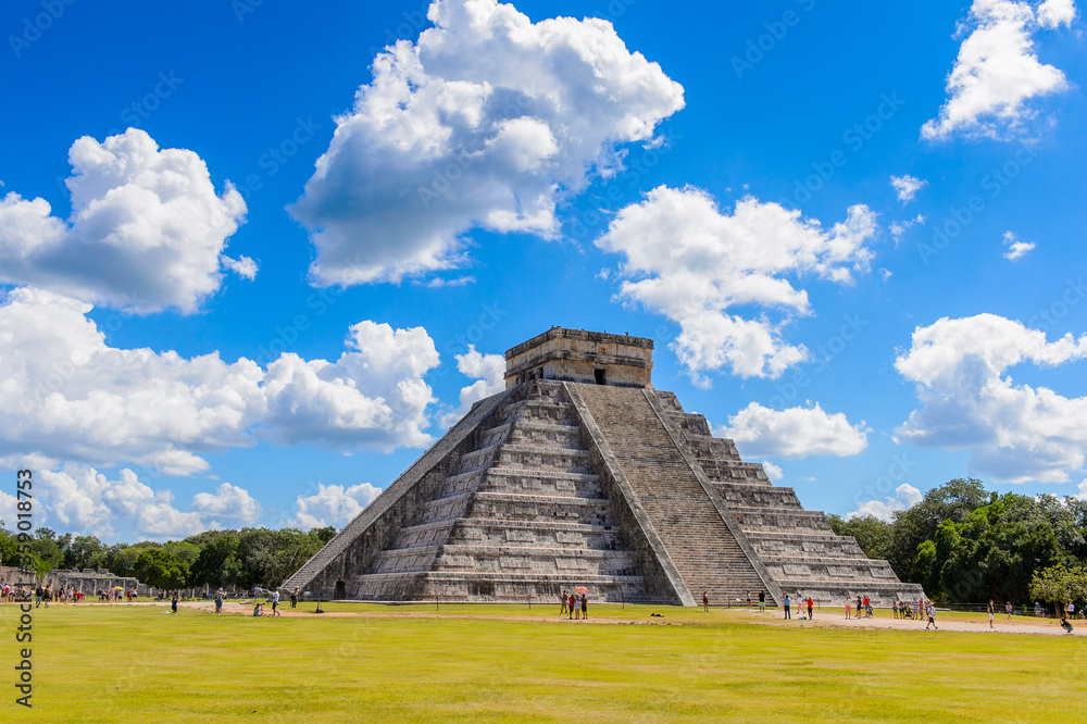 El Castillo (Temple of Kukulcan), a Mesoamerican step-pyramid, Chichen Itza. It was a large pre-Columbian city built by the Maya people of the Terminal Classic period. UNESCO World Heritage El Castillo (Temple of Kukulcan), a Mesoamerican step-pyramid, Chichen Itza. It was a large pre-Columbian city built by the Maya people of the Terminal Classic period. UNESCO World Heritage