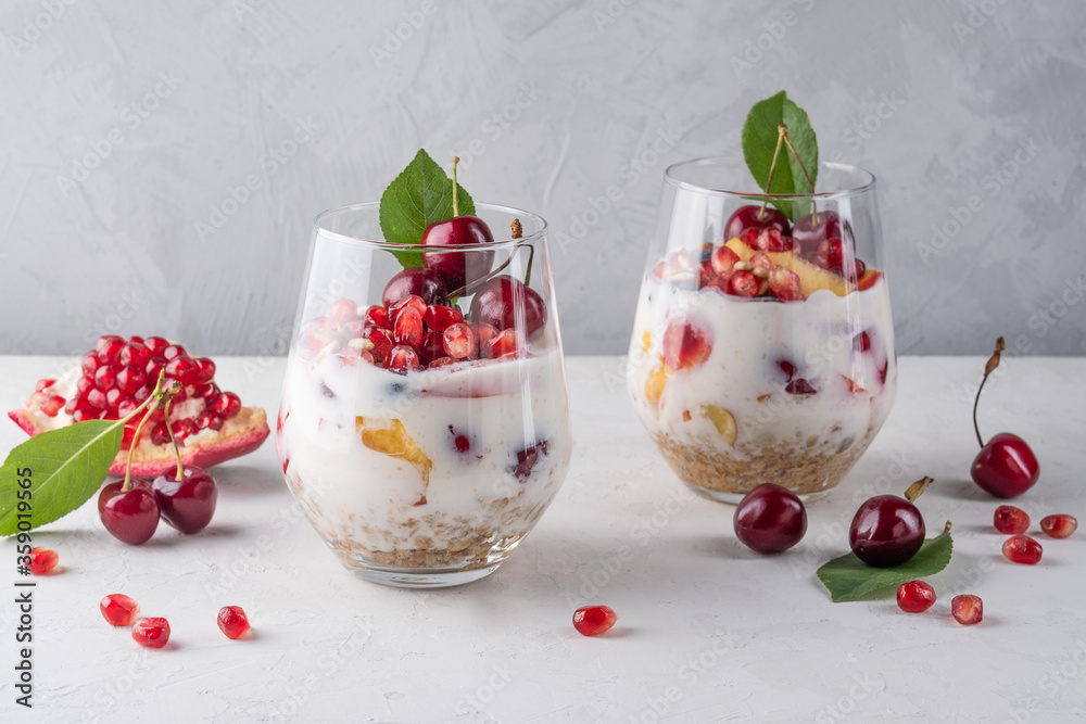 Healthy breakfast in a glass with fresh fruits: pomegranate, cherry, nectarines, honeysuckle, yogurt and granola on a grey background. Shallow depth of field with selective focus Healthy breakfast in a glass with fresh fruits: pomegranate, cherry, nectarines, honeysuckle, yogurt and granola on a grey background. Shallow depth of field with selective focus