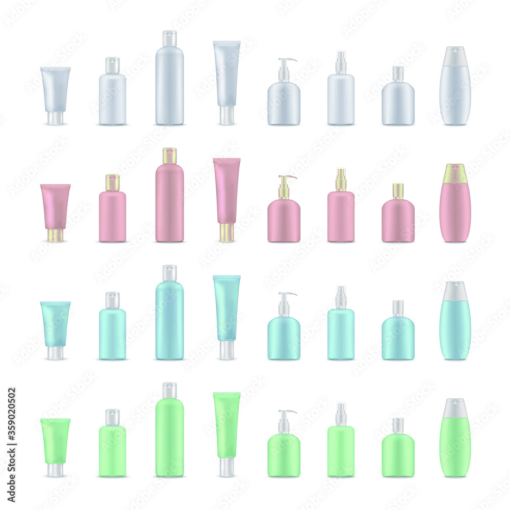 Blank templates of empty and clean white plastic containers: bottles with spray, dispenser and dropper, cream jar, tube. Realistic 3d mock-up of cosmetic package. Blank templates of empty and clean white plastic containers: bottles with spray, dispenser and dropper, cream jar, tube. Realistic 3d mock-up of cosmetic package.