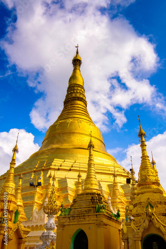 It's Shwedagon Pagoda, a gilded stupa on the Singuttara Hill, Kandawgyi Lake, Yangon, Myanmar