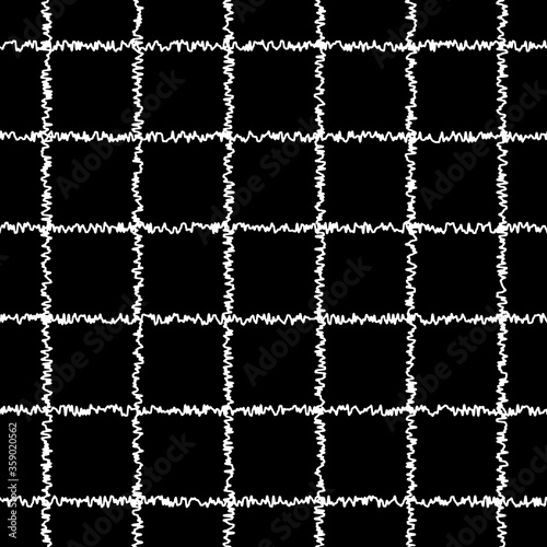 Geometric seamless pattern with white  squares on a black isolated background. Stylized mesh. Abstract lattice in the lines. Great for fabric, wallpaper, textile, wrapping. Sketch. Raster. 