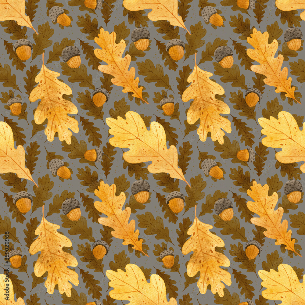 Watercolor seamless autumn pattern with golden oak leaves with acorn. Dark background