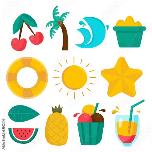 Summer set of items. Ice cream, cocktail, sun, cherry, palm, sand, watermelon, waves, pineapple.