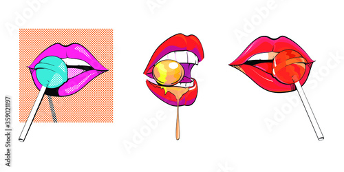 set of three illustrations of lips tasting candy and lollipops isolated on white. 