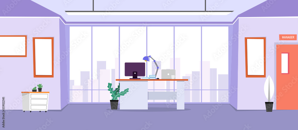 The design of a workplace, a modern office, a creative office workspace with large windows, interior furniture Vector illustration in flat design, website banner The design of a workplace, a modern office, a creative office workspace with large windows, interior furniture Vector illustration in flat design, website banner
