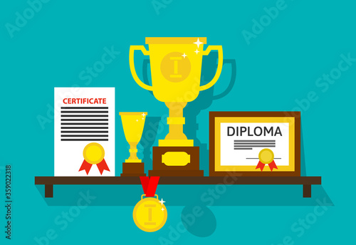 trophy cup medal diplema awards and rewards on the shelf