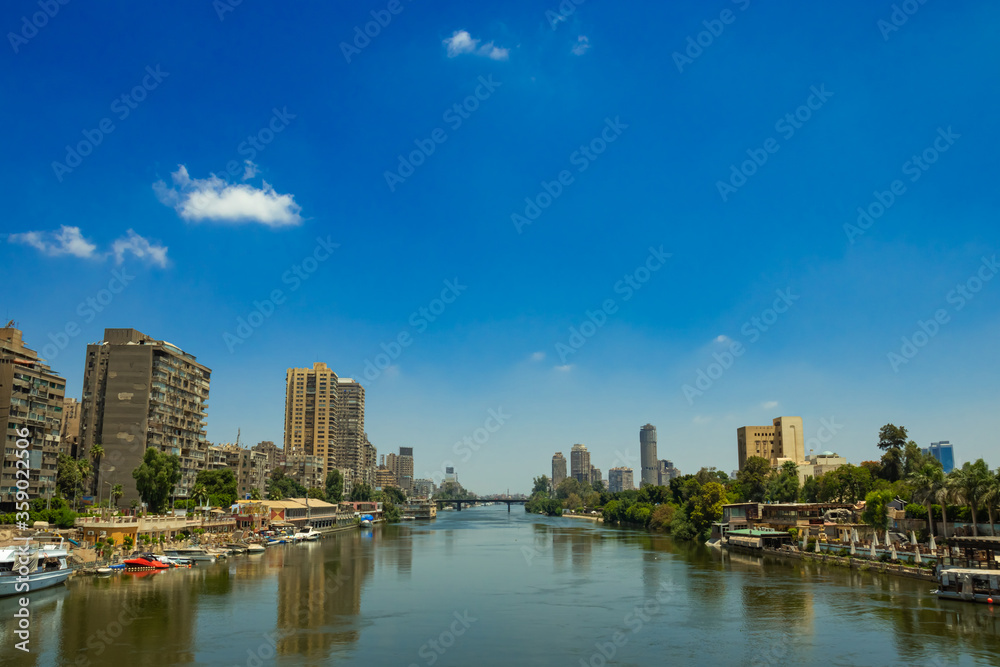 the river Nile in Egypt against the background of the city of Cairo