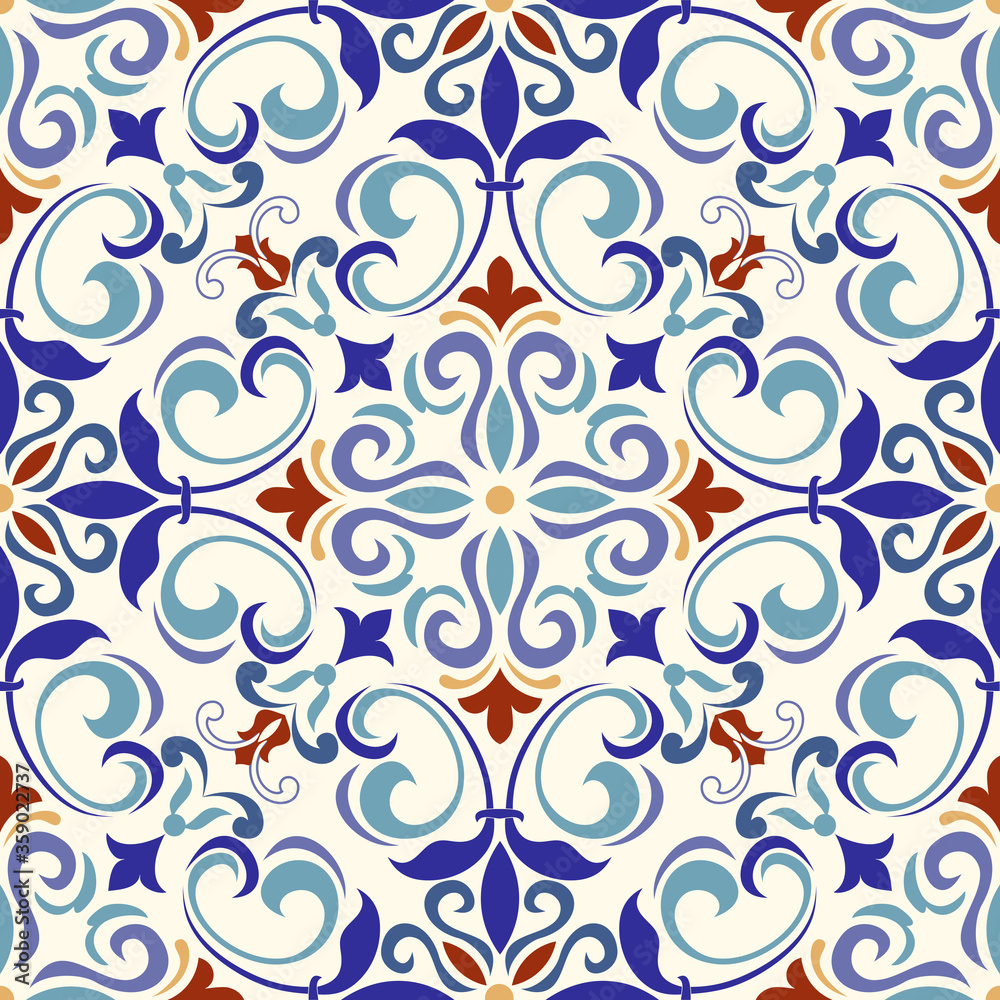 Seamless oriental ornamental pattern. Vector laced decorative background with floral and geometric ornament. Repeating geometric tiles with mandala. Indian or Arabic motive. Boho festival style.