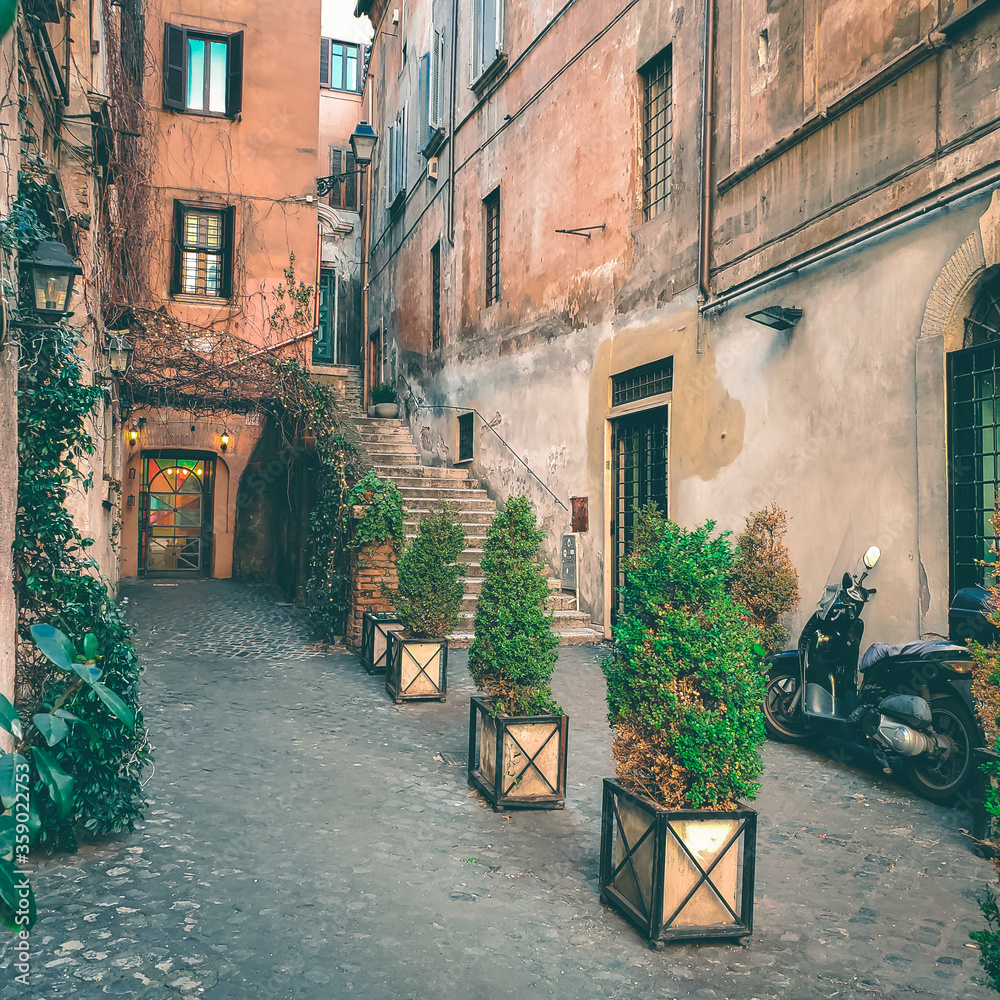 View of old cozy street in Rome, Italy. Architecture and landmark of Rome. Postcard of Rome