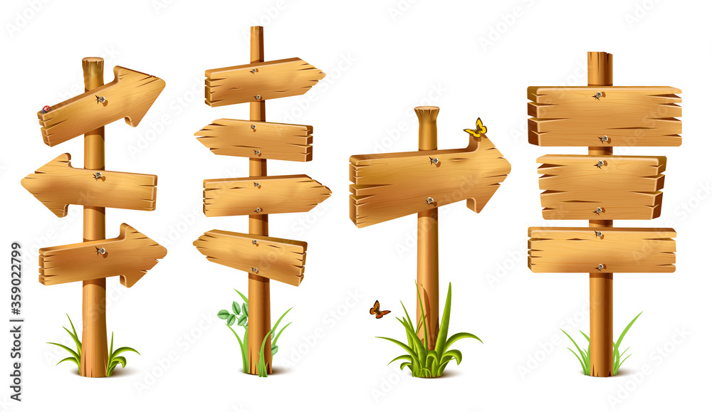 Vector cartoon wooden rustic sings in arrow of direction. Old, retro banner with metal nails for messages or pointers for path finding with butterflies and grass around and realistic shadow. Vector cartoon wooden rustic sings in arrow of direction. Old, retro banner with metal nails for messages or pointers for path finding with butterflies and grass around and realistic shadow.