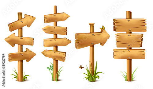 Vector cartoon wooden rustic sings in arrow of direction. Old, retro banner with metal nails for messages or pointers for path finding with butterflies and grass around and realistic shadow.