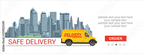 Safe delivery. A courier in a medical mask delivers orders on truck. Logistics and safe delivery concept. Delivery home and office. City logistics. Suitable for web landing page, ui, banner. Vector.