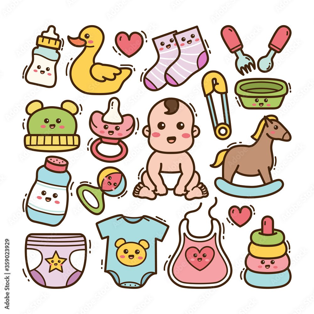 Cartoon baby with toys in kawaii doodle illustration