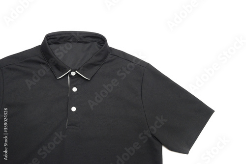 Blank black polo shirt with three white buttons. Polo shirt isolated on white background. Men's clothing.