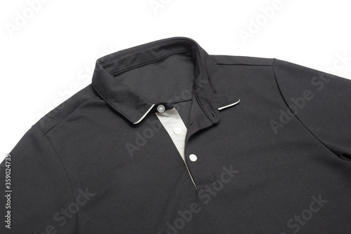 Blank black polo shirt with three white buttons. Polo shirt isolated on white background. Men's clothing.