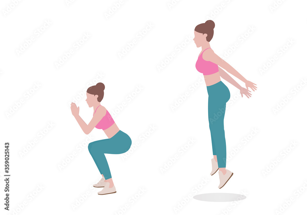 Young woman doing exercises. woman in pink shirt and a blue Long legs. Step by step instruction for doing jump squats. Sports silhouettes. Fitness and health concepts. Young woman doing exercises. woman in pink shirt and a blue Long legs. Step by step instruction for doing jump squats. Sports silhouettes. Fitness and health concepts.