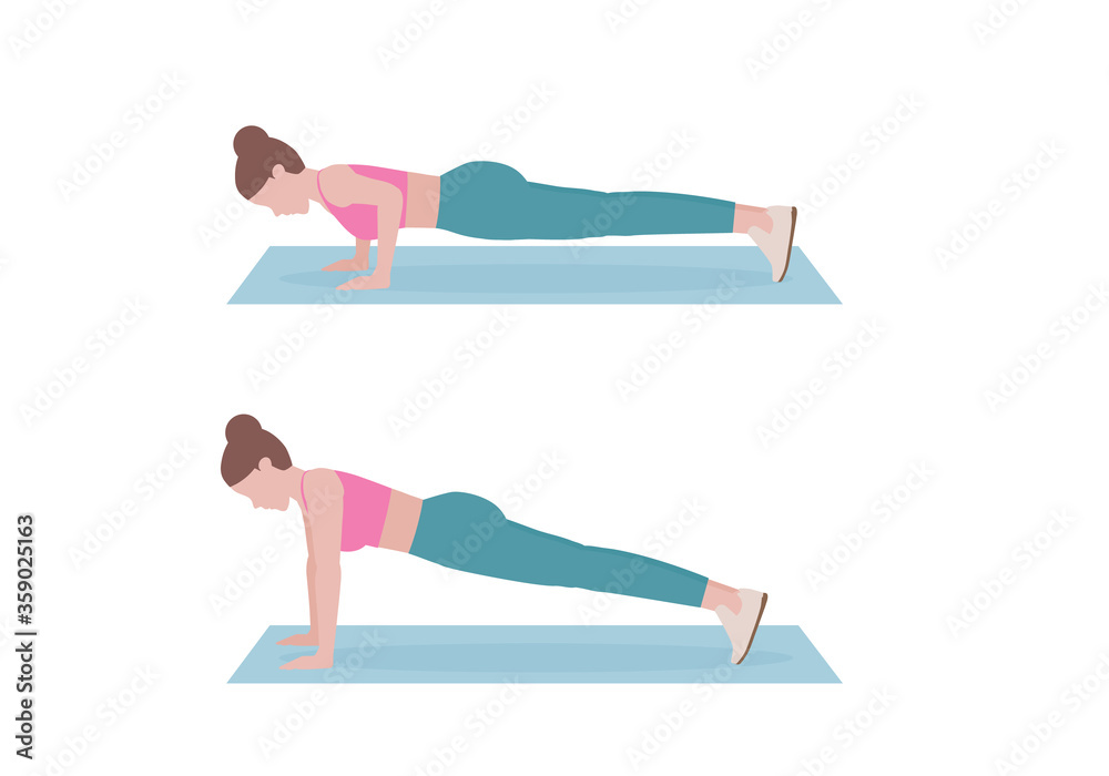 Step by step instruction for doing Push up. woman in pink shirt and a blue Long legs.Sports silhouettes. Fitness and health concepts. Step by step instruction for doing Push up. woman in pink shirt and a blue Long legs.Sports silhouettes. Fitness and health concepts.
