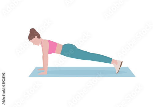 Young woman doing exercises. woman in pink shirt and a blue Long legs. Step by step instruction for doing Full Plank. Sports silhouettes. Fitness and health concepts.