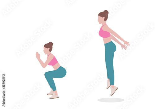 Young woman doing exercises. woman in pink shirt and a blue Long legs. Step by step instruction for doing jump squats. Sports silhouettes. Fitness and health concepts.