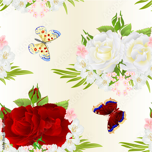 Seamless texture flovr white and red roses  and buds jasmine and butterfly vintage  festive  background watercolor vector illustration editable hand draw