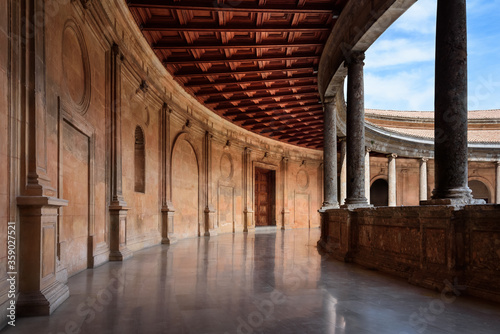 Patio of The Palace of Charles V. upper part of the Circular courtyard of the The Palace of Charles V at the Alhambra in Granada, Spain.